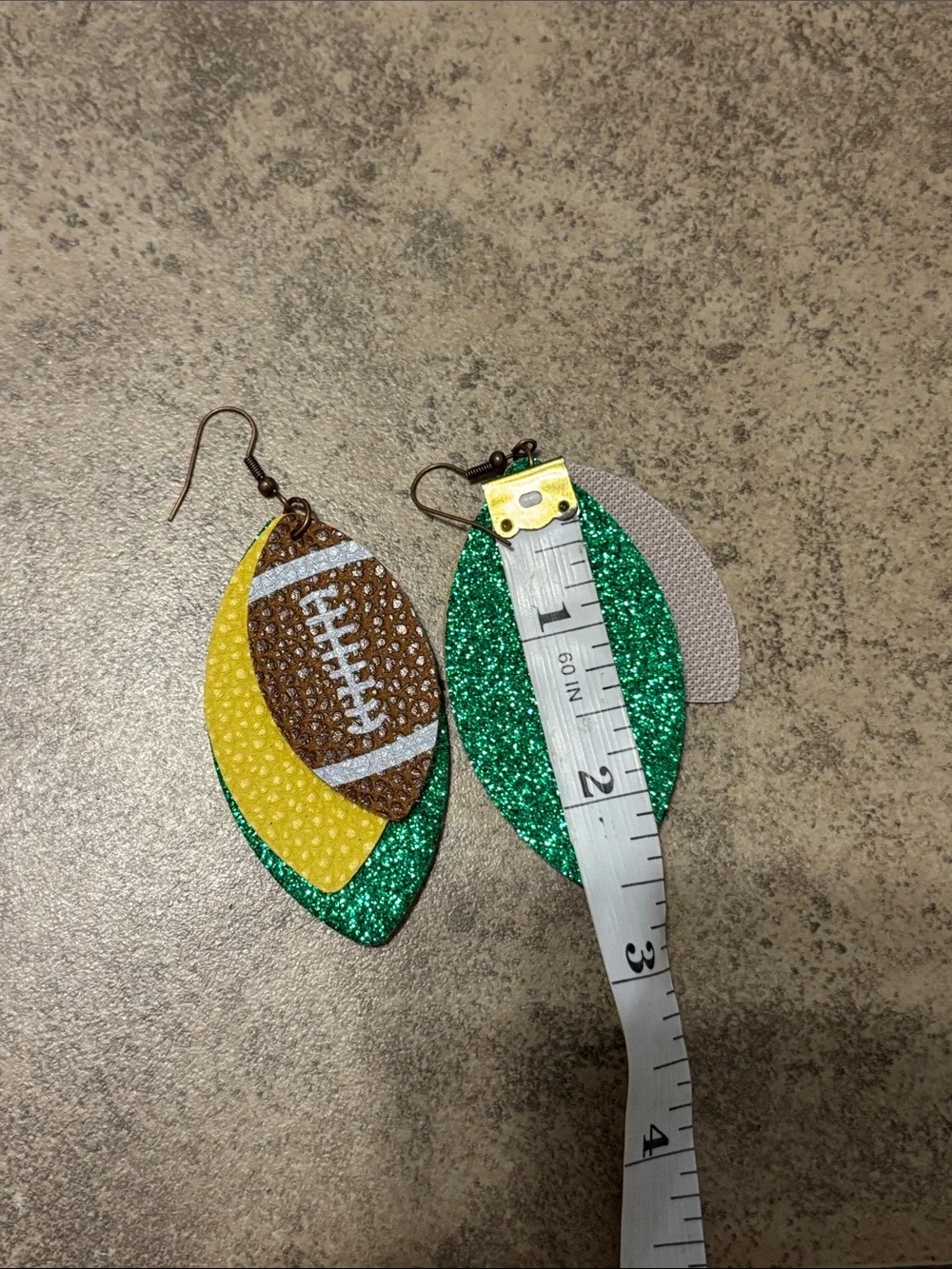 Green and Yellow Faux Leather Football Dangle Earrings